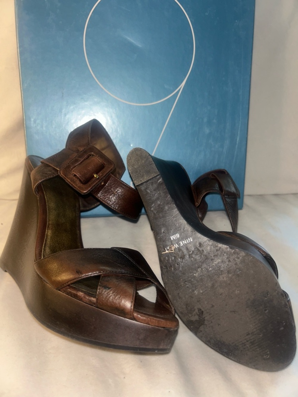 Nine West Brown Leather Platform Wedge Sandals with Ankle Buckle - Picture 4 of 5
